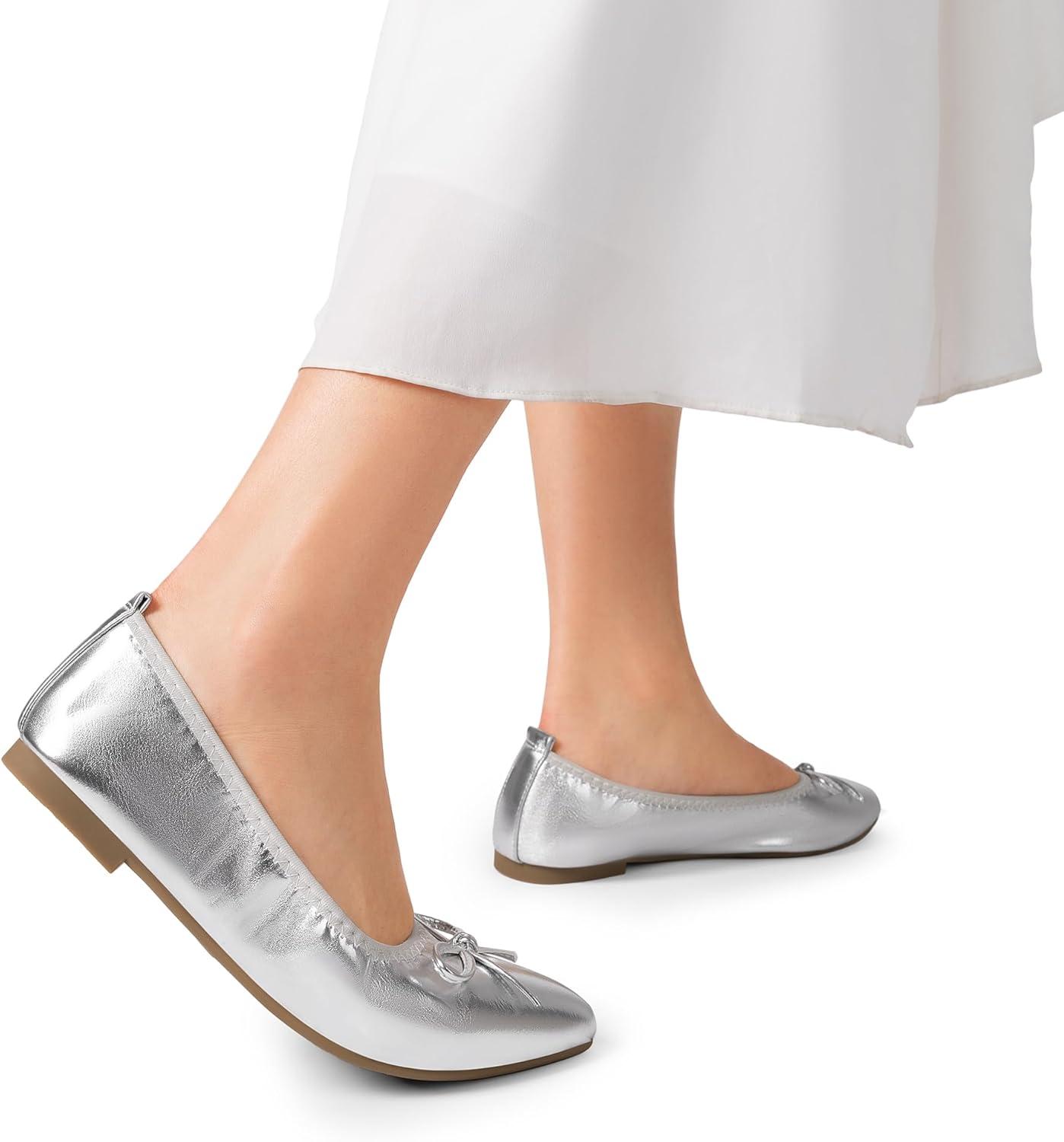imageDREAM PAIRS Womens Foldable Flats Shoes Pointed Toe Ballet Flats Bowknot Comfort Slip on Dress ShoesSilver