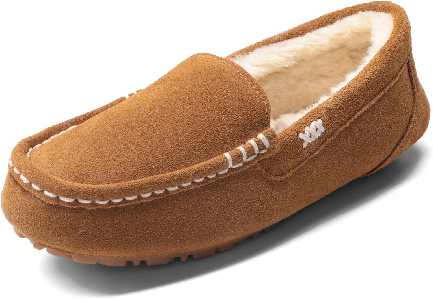 imageDREAM PAIRS Womens Fuzzy House Slippers Cozy Faux Fur Micro Suede Moccasins Slip on Loafer Shoes for Indoor and OutdoorChesnut