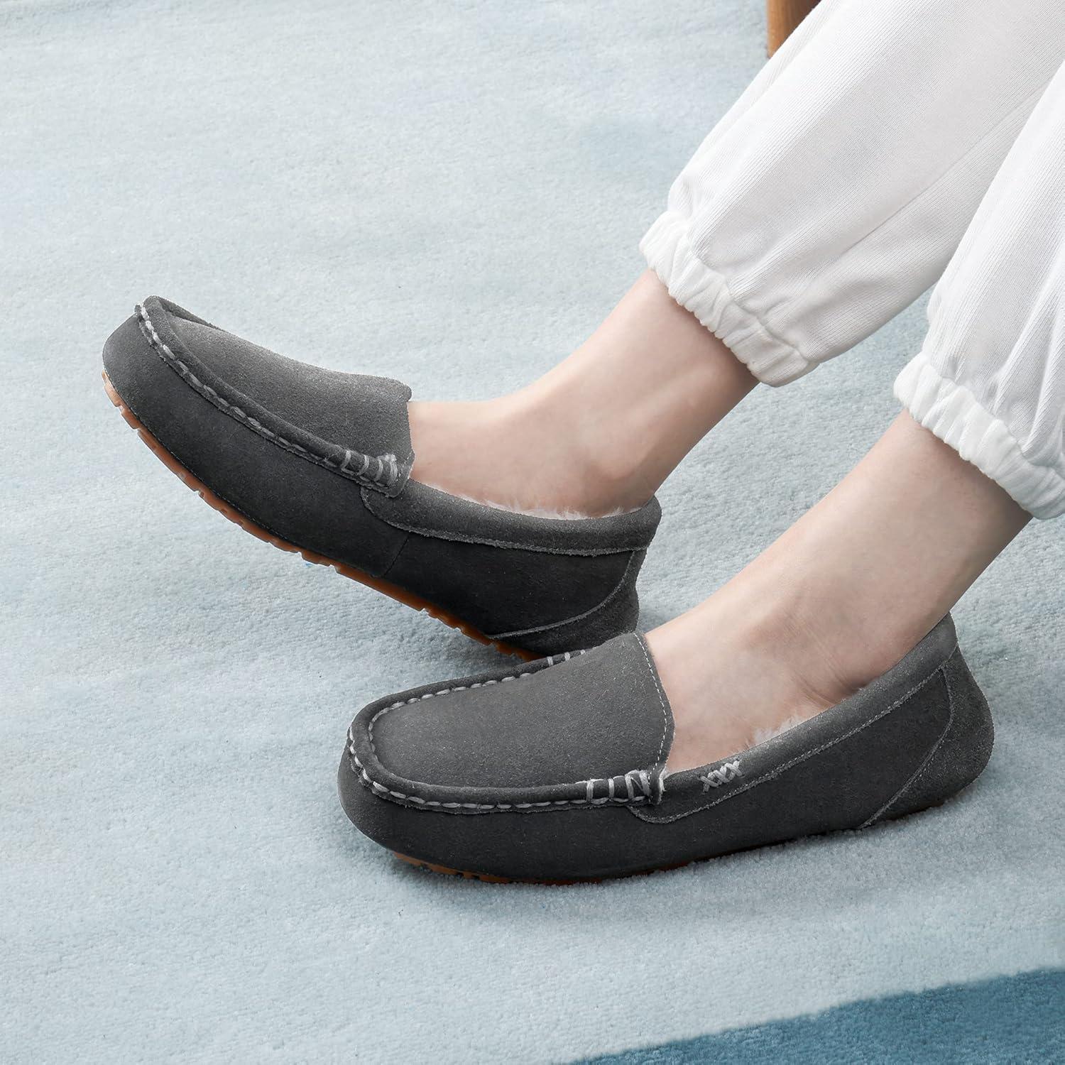 imageDREAM PAIRS Womens Fuzzy House Slippers Cozy Faux Fur Micro Suede Moccasins Slip on Loafer Shoes for Indoor and OutdoorGrey