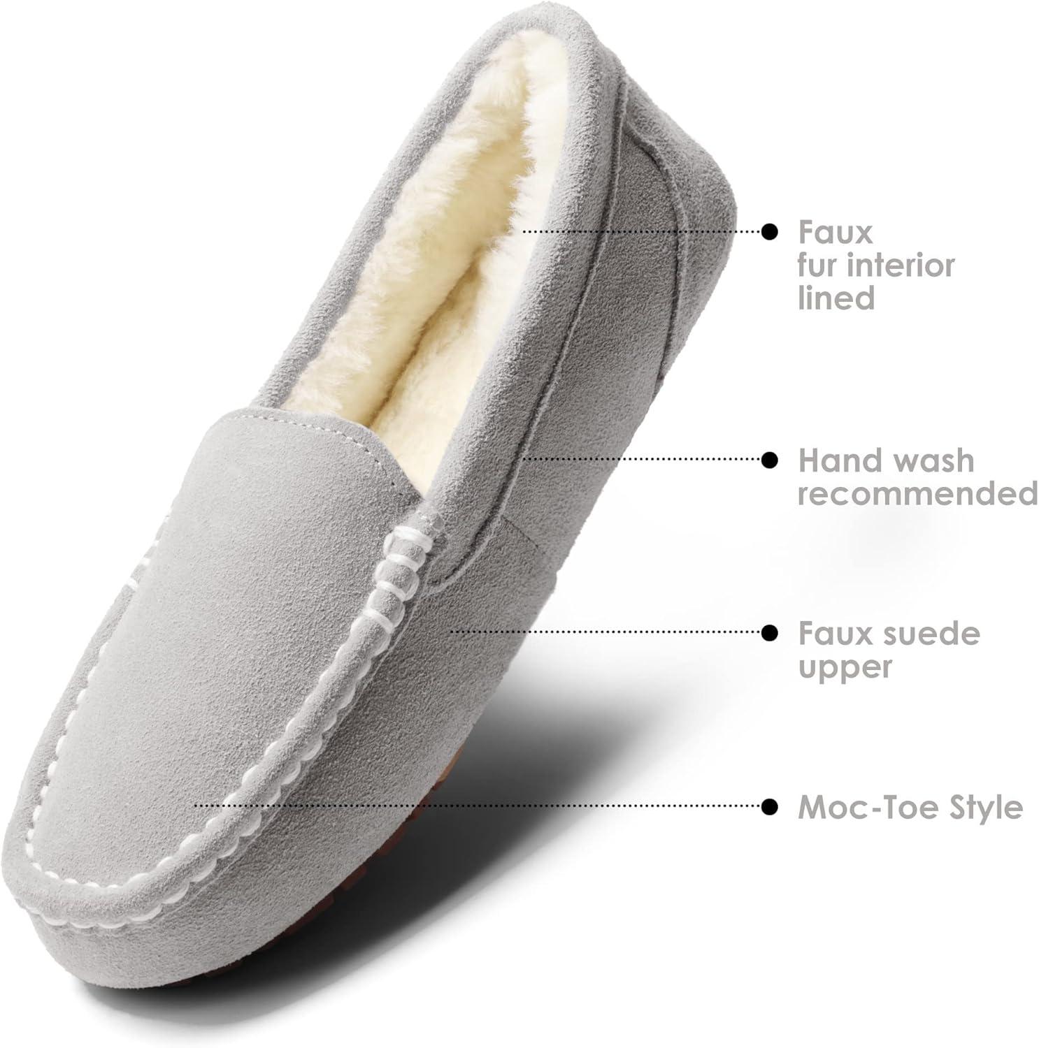 imageDREAM PAIRS Womens Fuzzy House Slippers Cozy Faux Fur Micro Suede Moccasins Slip on Loafer Shoes for Indoor and OutdoorLight Grey