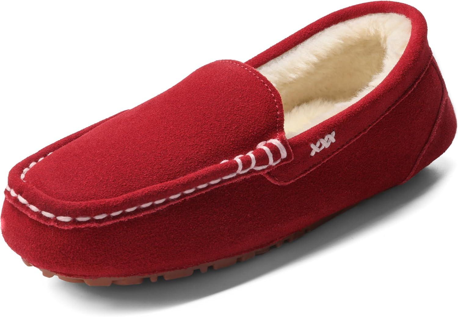 imageDREAM PAIRS Womens Fuzzy House Slippers Cozy Faux Fur Micro Suede Moccasins Slip on Loafer Shoes for Indoor and OutdoorRed