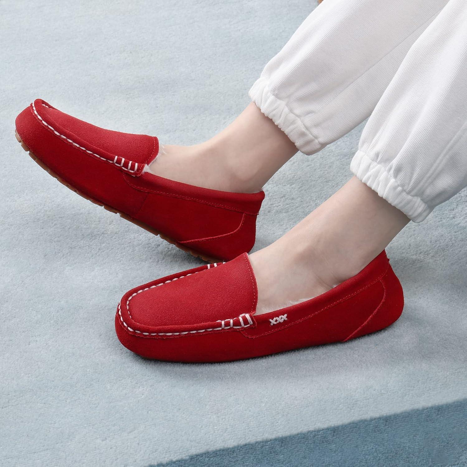 imageDREAM PAIRS Womens Fuzzy House Slippers Cozy Faux Fur Micro Suede Moccasins Slip on Loafer Shoes for Indoor and OutdoorRed