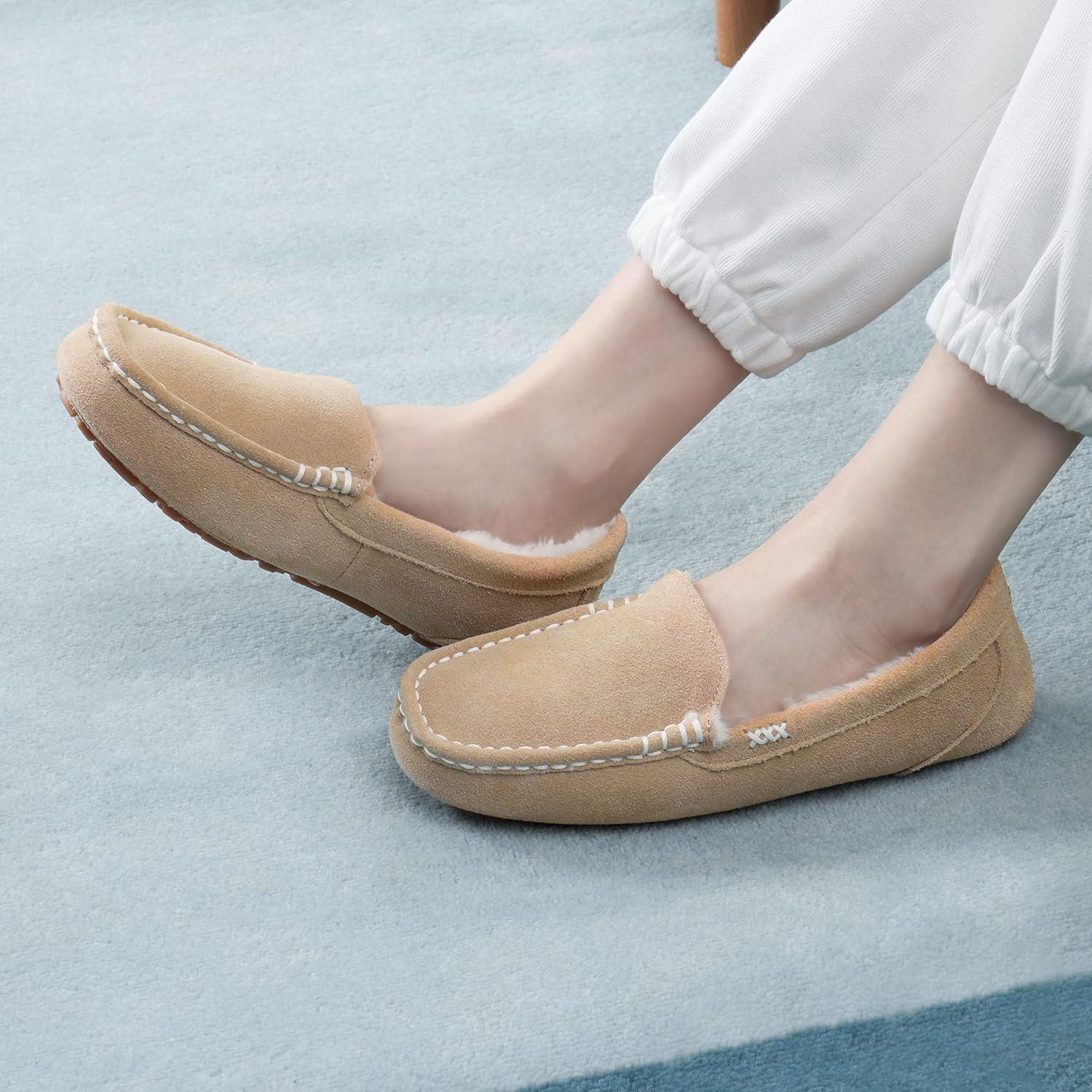 imageDREAM PAIRS Womens Fuzzy House Slippers Cozy Faux Fur Micro Suede Moccasins Slip on Loafer Shoes for Indoor and OutdoorSand