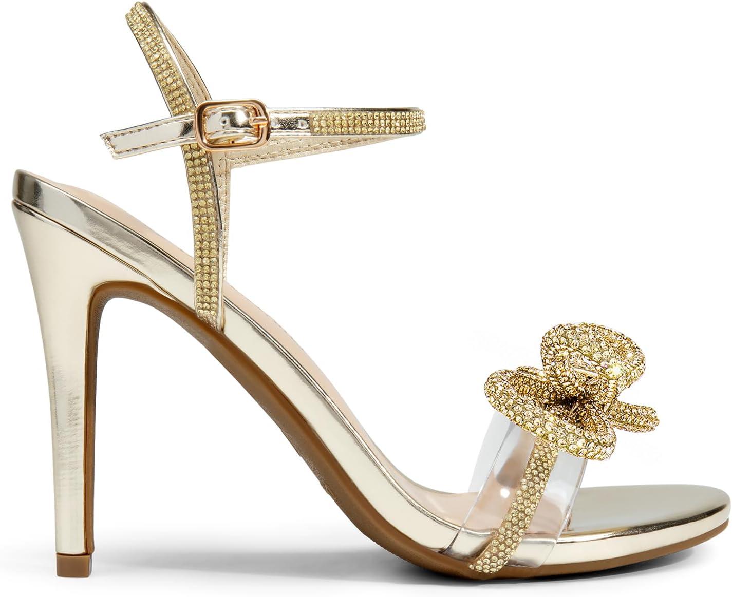 imageDREAM PAIRS Womens Heels Round Toe Rhinestone Double Bowknots Sparkly Stilettos Heeled Sandals Shoes for Party EveningGoldpu