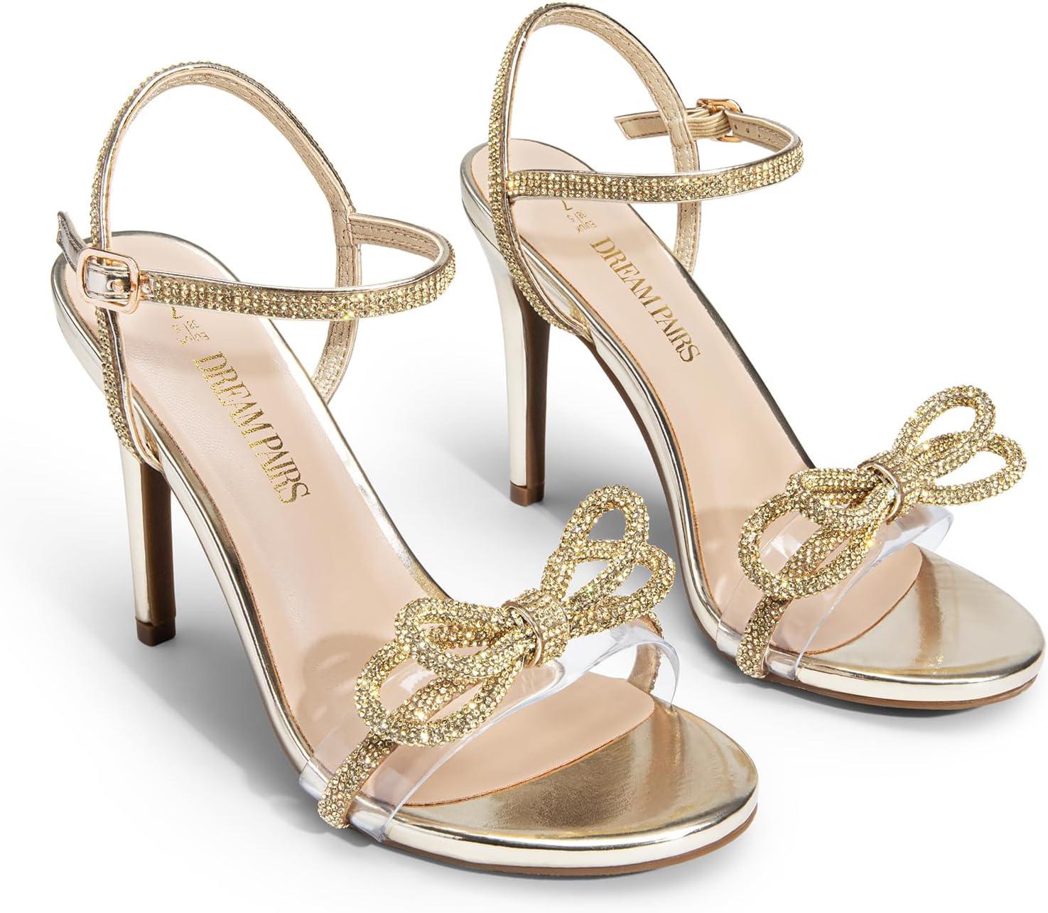 imageDREAM PAIRS Womens Heels Round Toe Rhinestone Double Bowknots Sparkly Stilettos Heeled Sandals Shoes for Party EveningGoldpu