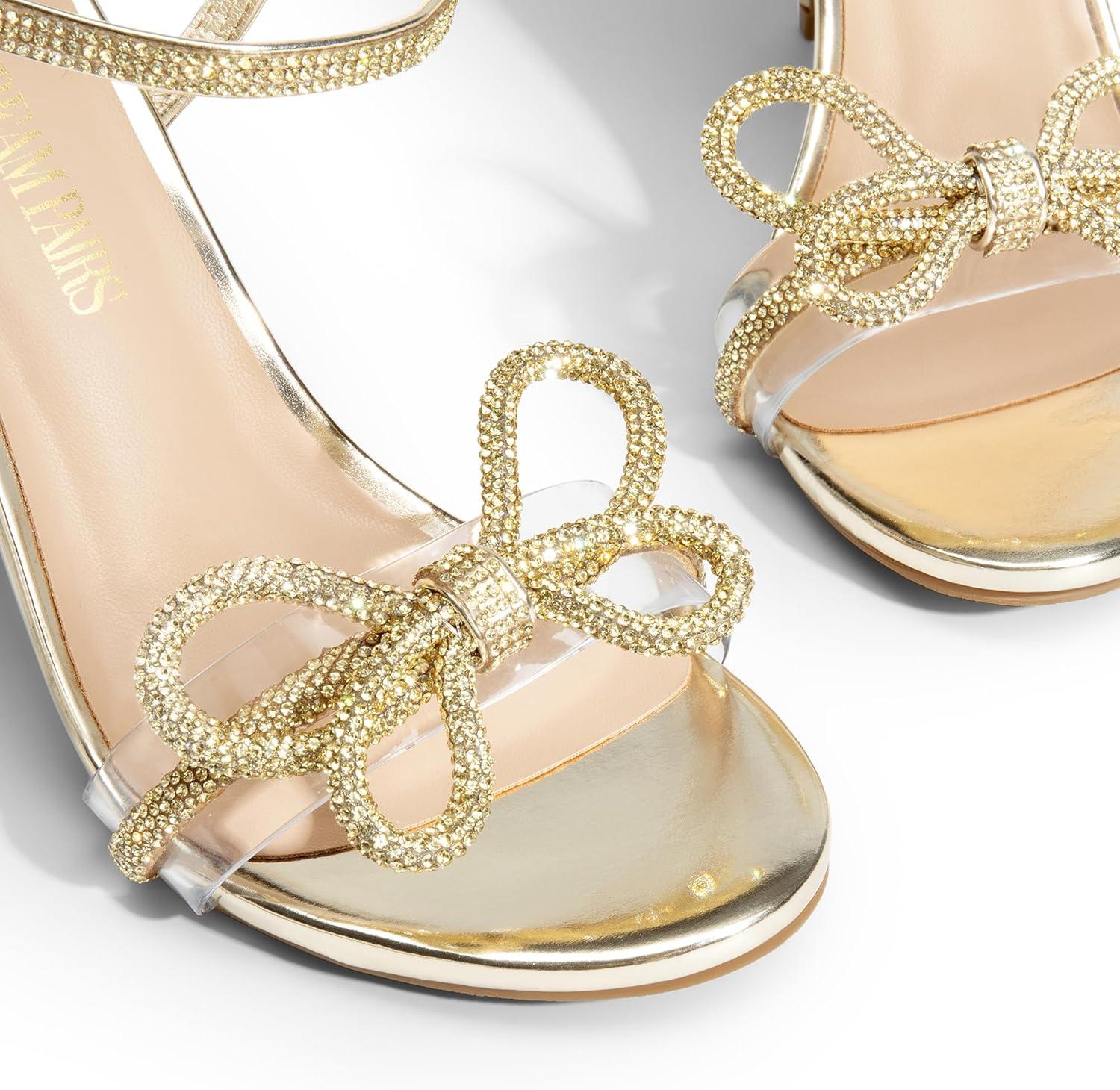 imageDREAM PAIRS Womens Heels Round Toe Rhinestone Double Bowknots Sparkly Stilettos Heeled Sandals Shoes for Party EveningGoldpu