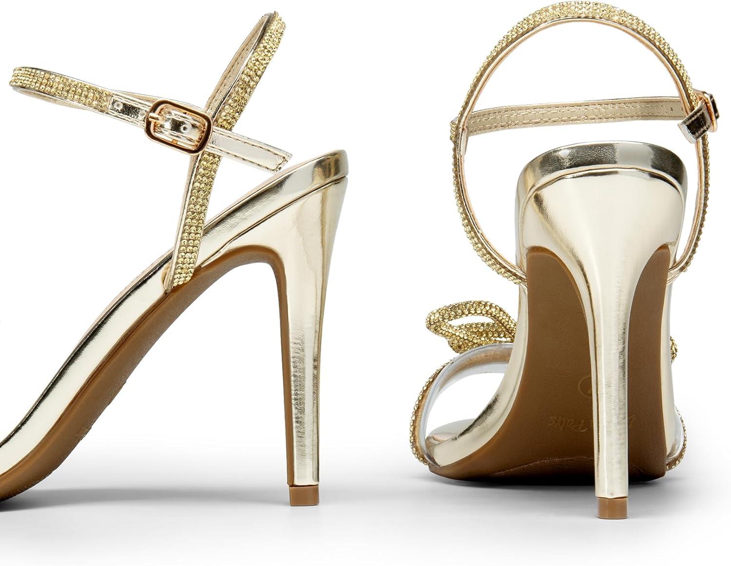 imageDREAM PAIRS Womens Heels Round Toe Rhinestone Double Bowknots Sparkly Stilettos Heeled Sandals Shoes for Party EveningGoldpu