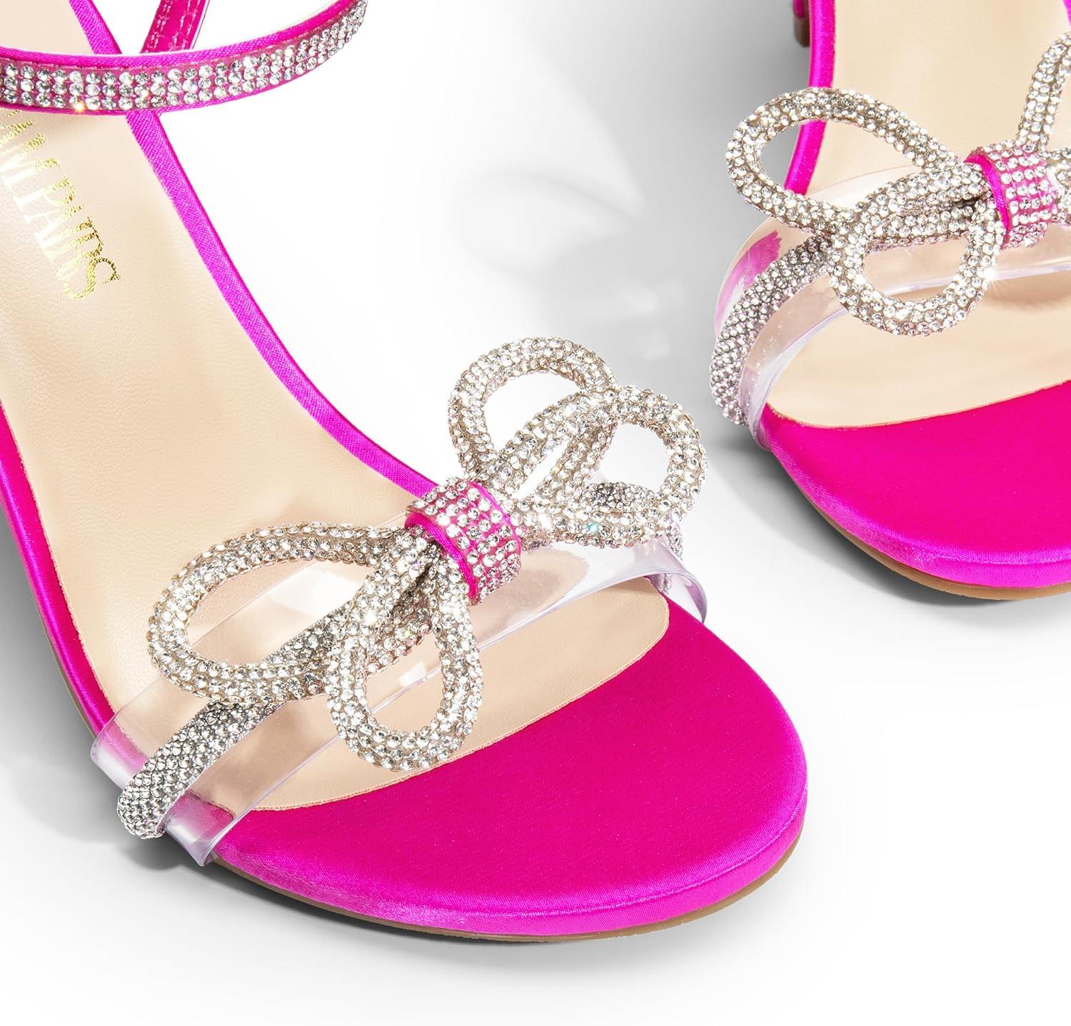 imageDREAM PAIRS Womens Heels Round Toe Rhinestone Double Bowknots Sparkly Stilettos Heeled Sandals Shoes for Party EveningHot Pinksatin