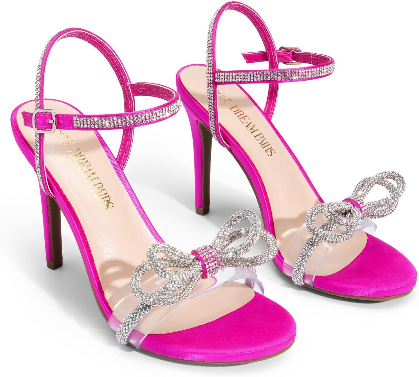 imageDREAM PAIRS Womens Heels Round Toe Rhinestone Double Bowknots Sparkly Stilettos Heeled Sandals Shoes for Party EveningHot Pinksatin