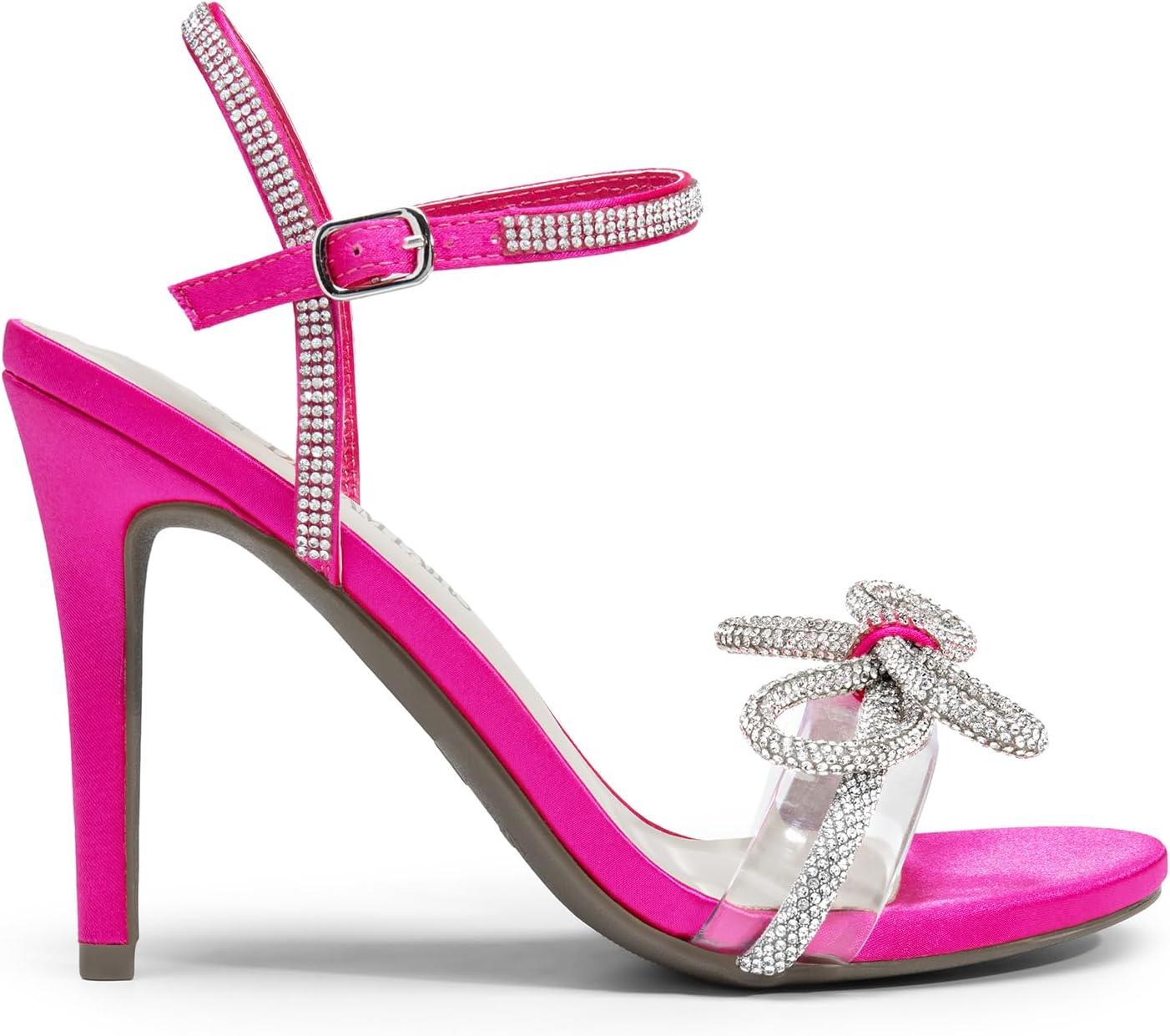 imageDREAM PAIRS Womens Heels Round Toe Rhinestone Double Bowknots Sparkly Stilettos Heeled Sandals Shoes for Party EveningHot Pinksatin
