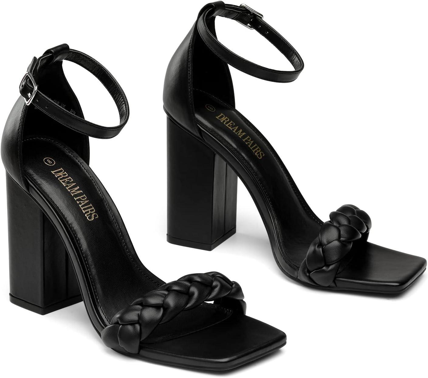 imageDREAM PAIRS Womens Heels for Women Braided Open Toe Ankle Strap High Block Chunky Heel Sandals Party Wedding Dress Pumps ShoesBlack