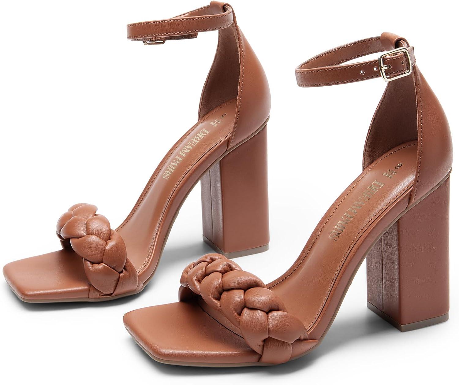 imageDREAM PAIRS Womens Heels for Women Braided Open Toe Ankle Strap High Block Chunky Heel Sandals Party Wedding Dress Pumps ShoesBrownpu