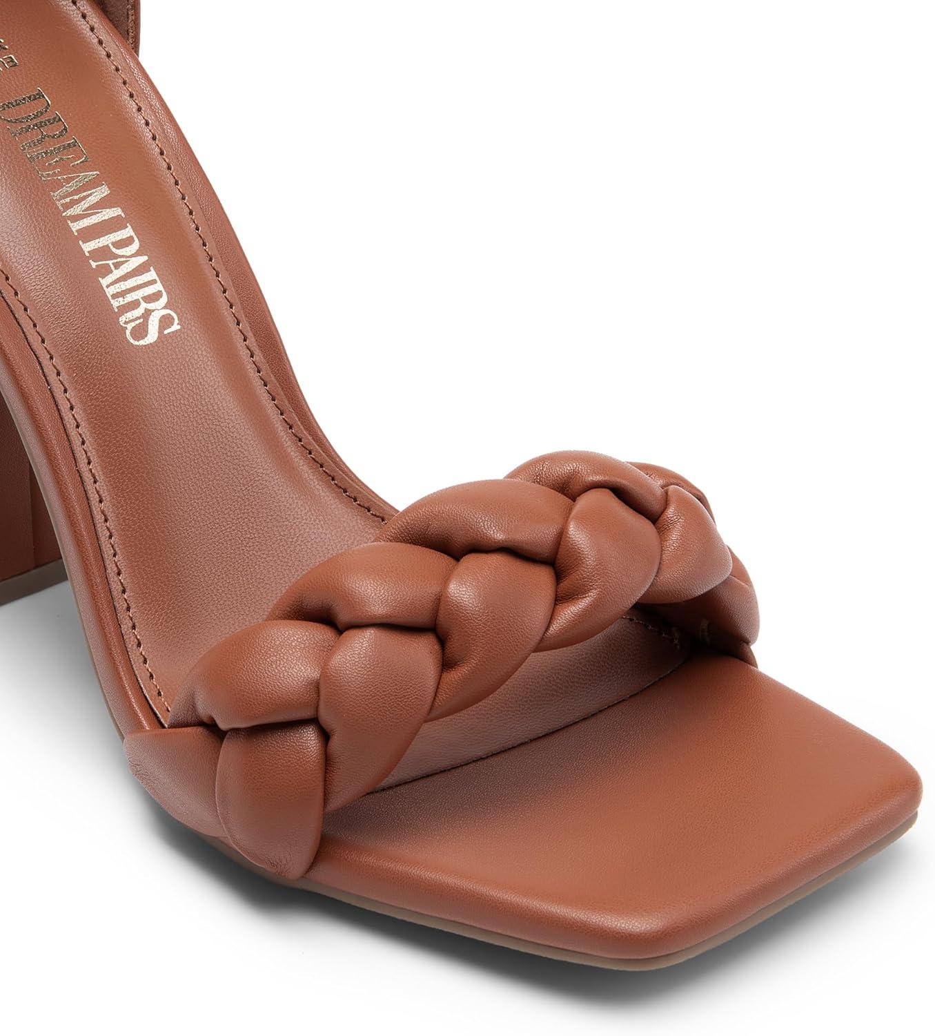 imageDREAM PAIRS Womens Heels for Women Braided Open Toe Ankle Strap High Block Chunky Heel Sandals Party Wedding Dress Pumps ShoesBrownpu