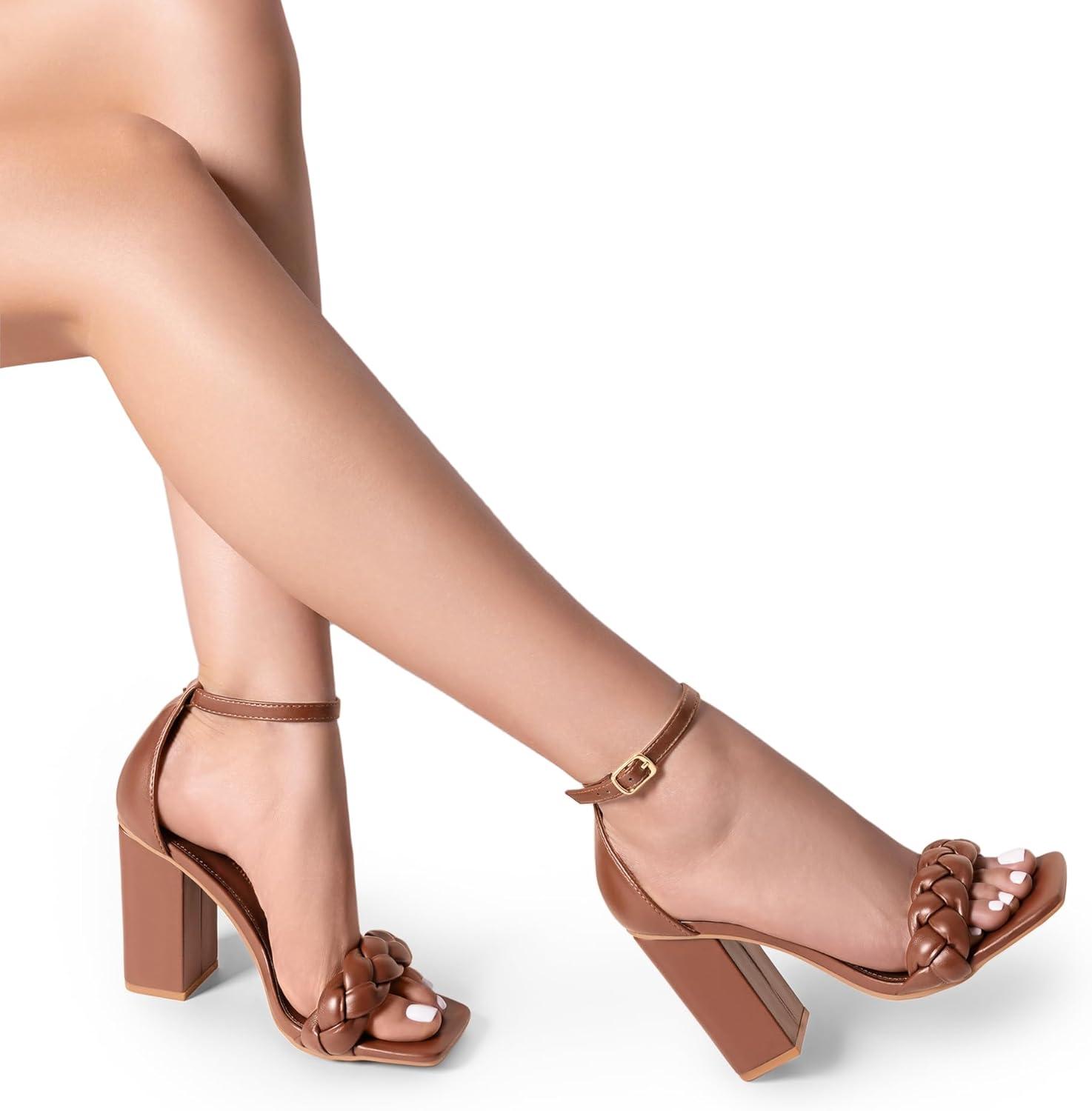 imageDREAM PAIRS Womens Heels for Women Braided Open Toe Ankle Strap High Block Chunky Heel Sandals Party Wedding Dress Pumps ShoesBrownpu