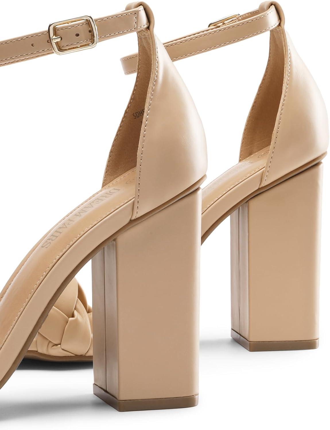 imageDREAM PAIRS Womens Heels for Women Braided Open Toe Ankle Strap High Block Chunky Heel Sandals Party Wedding Dress Pumps ShoesNude