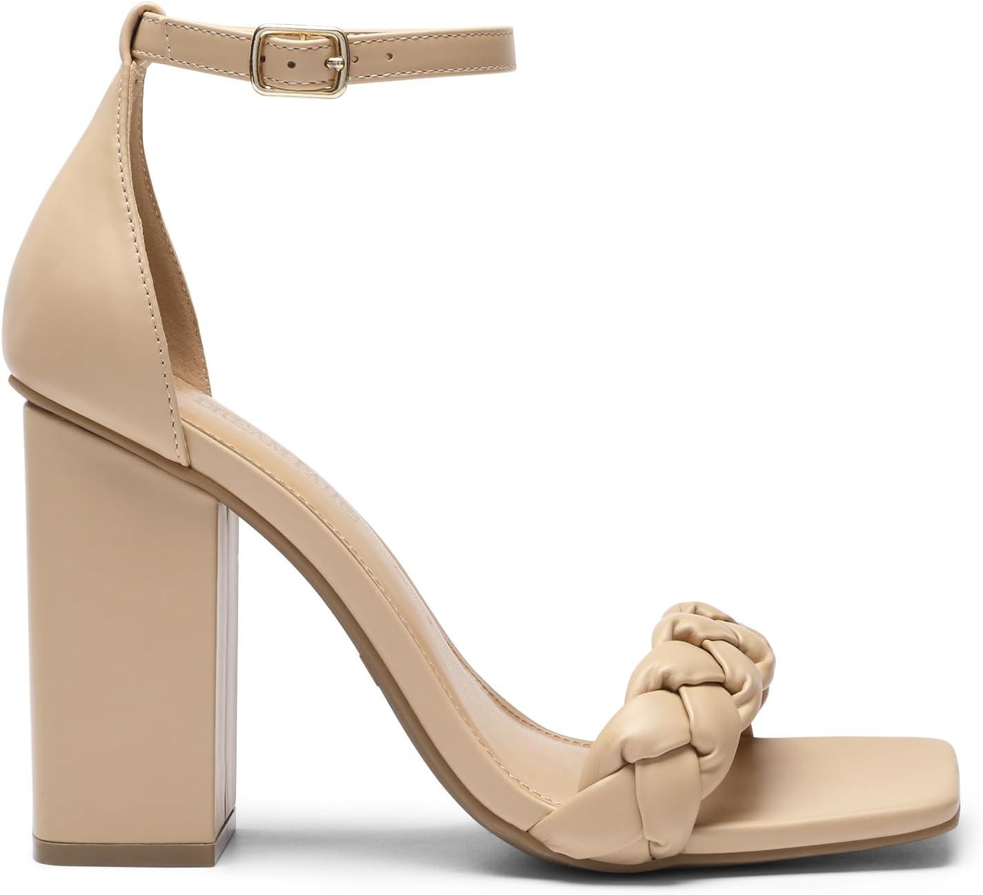 imageDREAM PAIRS Womens Heels for Women Braided Open Toe Ankle Strap High Block Chunky Heel Sandals Party Wedding Dress Pumps ShoesNude