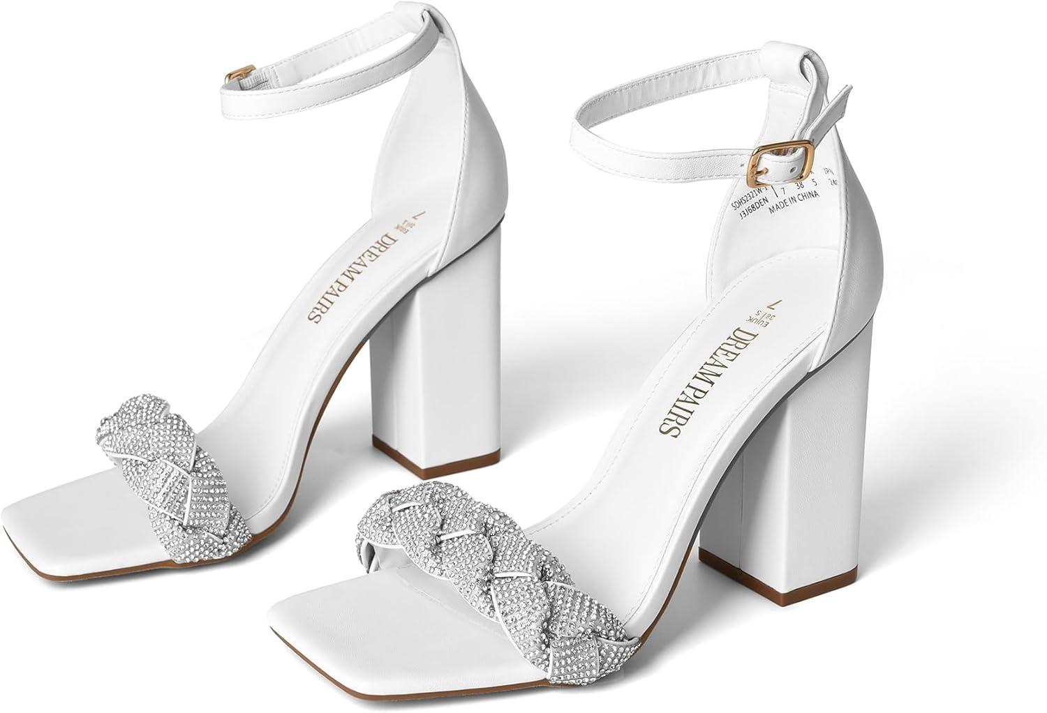 imageDREAM PAIRS Womens Heels for Women Braided Open Toe Ankle Strap High Block Chunky Heel Sandals Party Wedding Dress Pumps ShoesWhiterhinestone