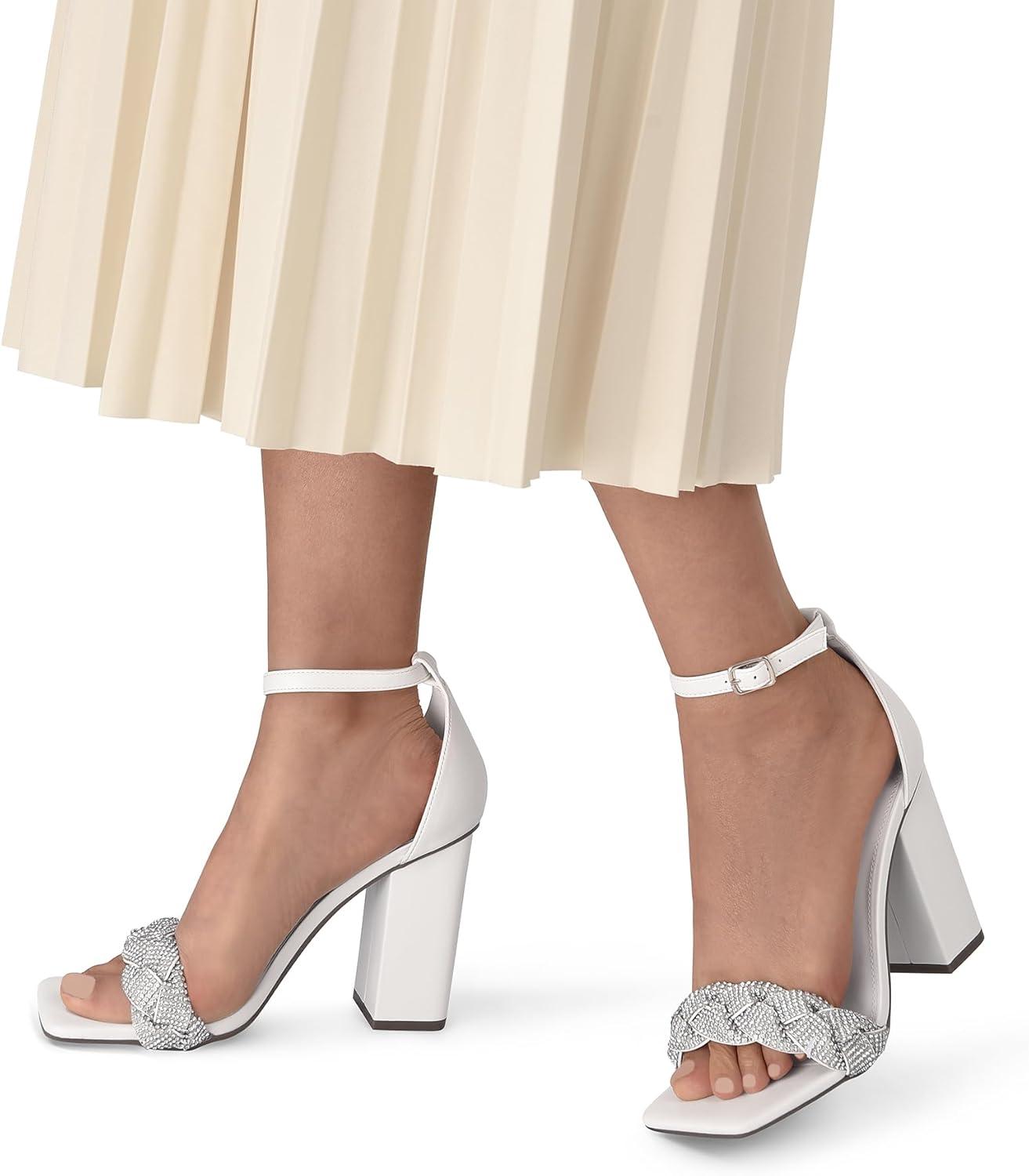imageDREAM PAIRS Womens Heels for Women Braided Open Toe Ankle Strap High Block Chunky Heel Sandals Party Wedding Dress Pumps ShoesWhiterhinestone