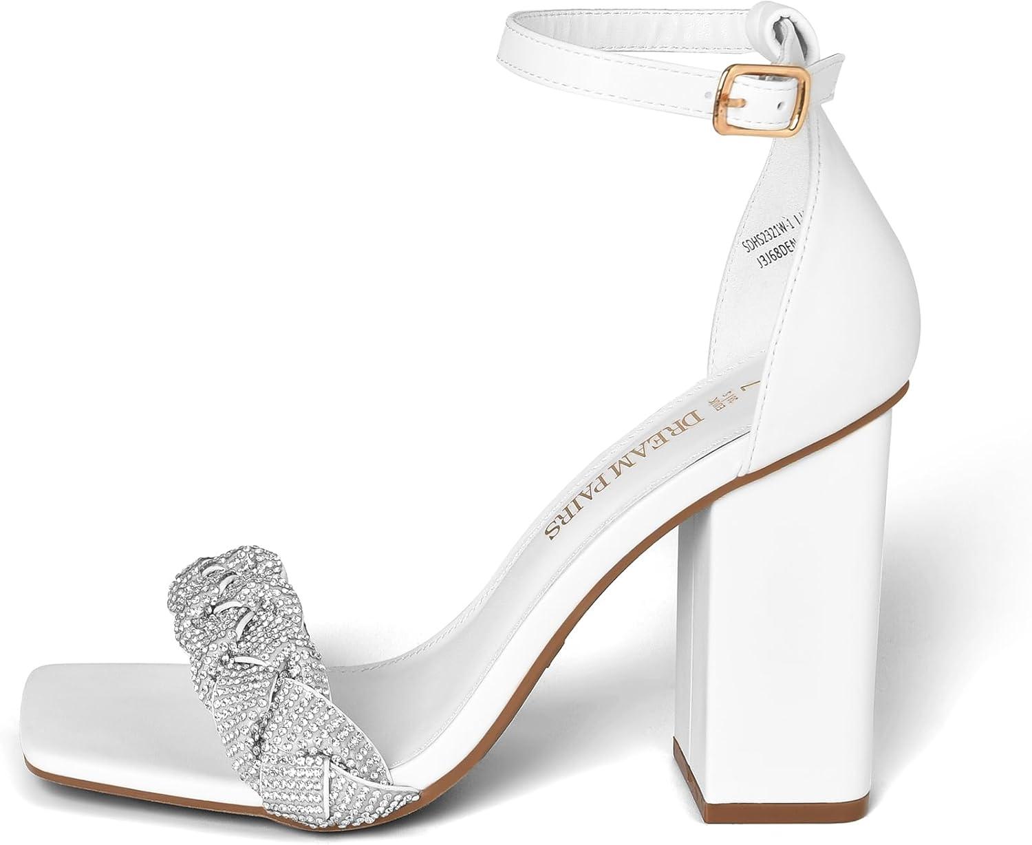 imageDREAM PAIRS Womens Heels for Women Braided Open Toe Ankle Strap High Block Chunky Heel Sandals Party Wedding Dress Pumps ShoesWhiterhinestone
