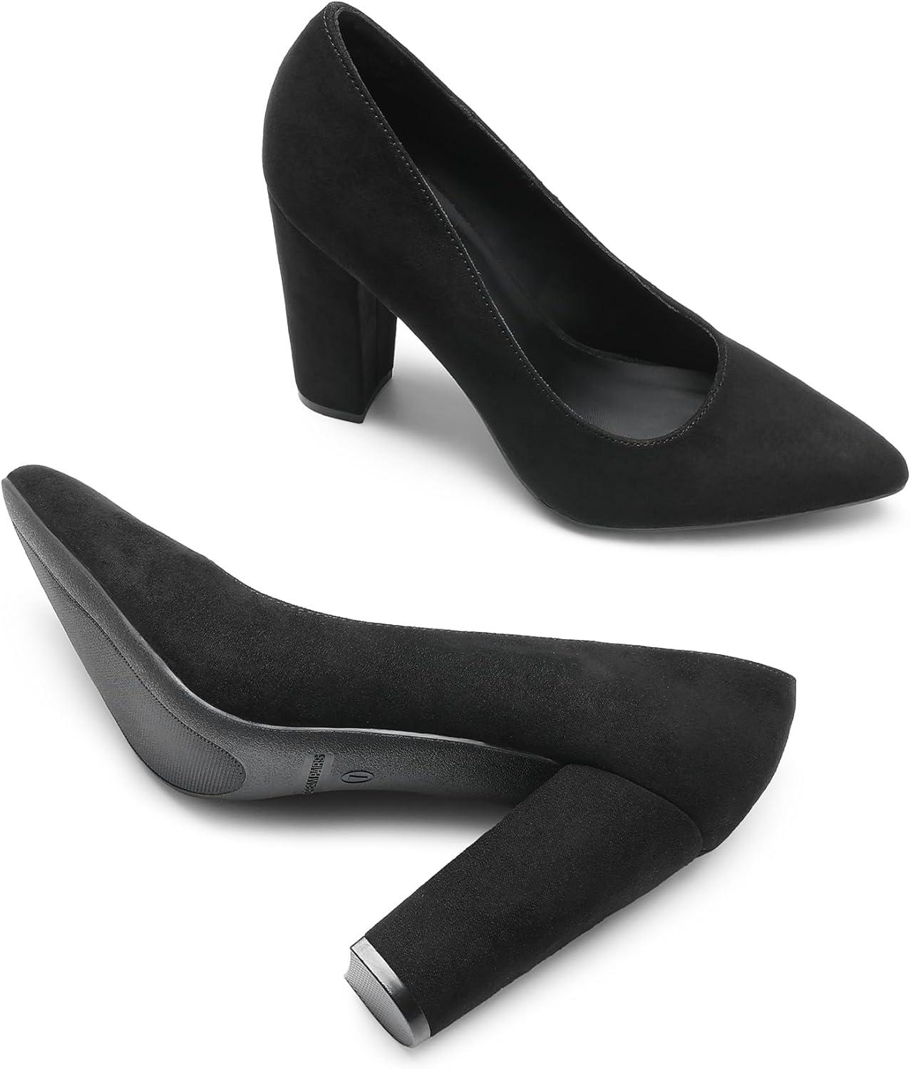 imageDREAM PAIRS Womens High Chunky Block Heels Closed Pointed Toe Slip on Women Pumps Wedding Party Work Comfortable Dress Shoes for WomenBlacksuede