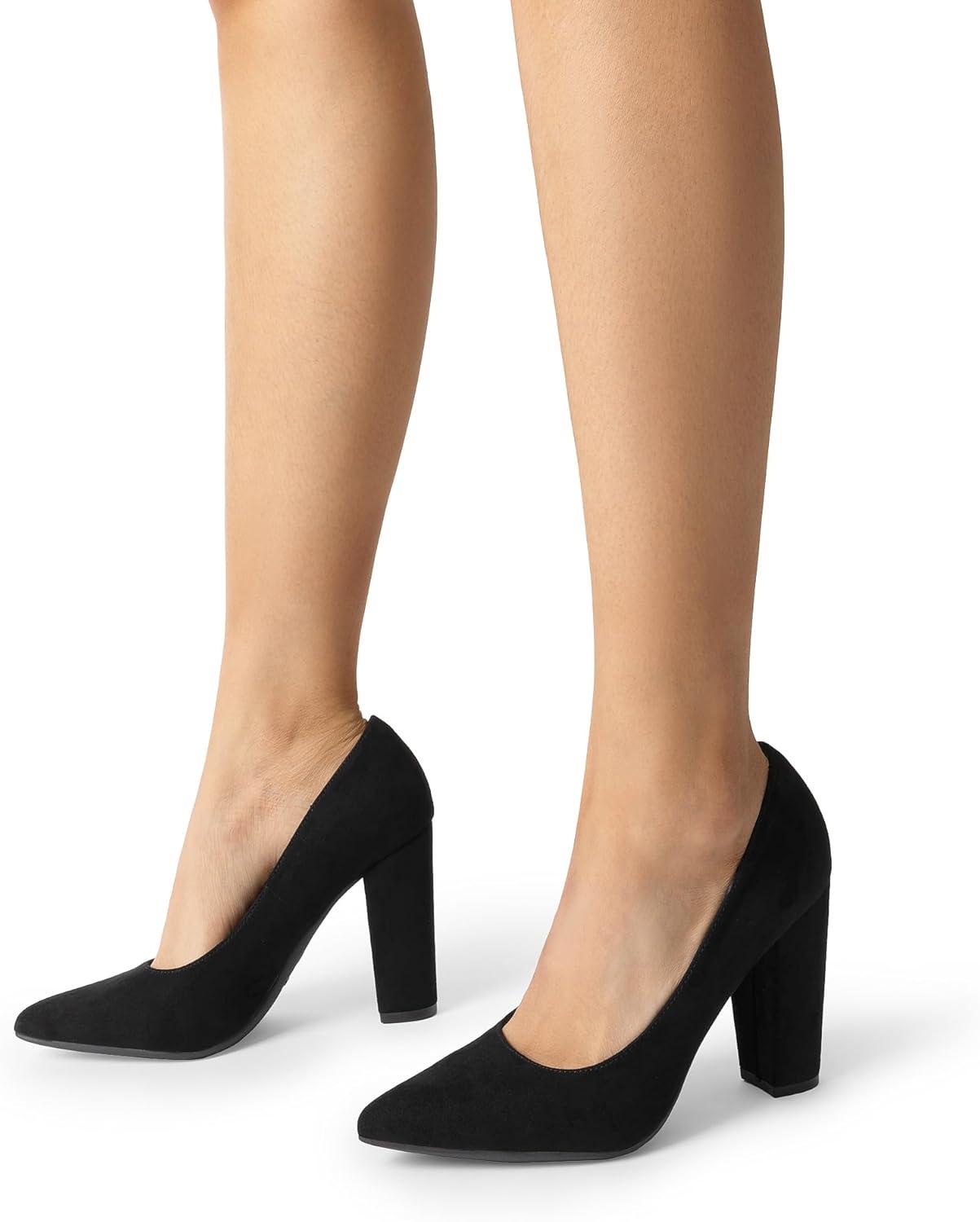 imageDREAM PAIRS Womens High Chunky Block Heels Closed Pointed Toe Slip on Women Pumps Wedding Party Work Comfortable Dress Shoes for WomenBlacksuede