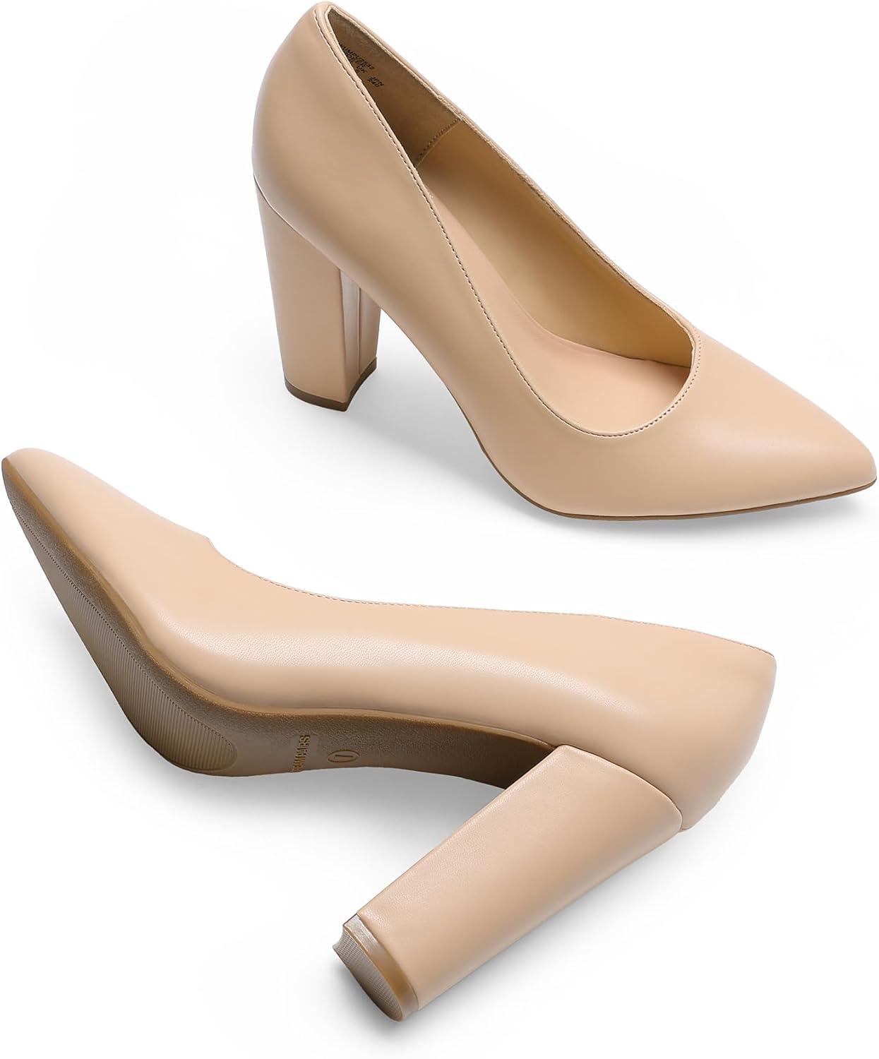 imageDREAM PAIRS Womens High Chunky Block Heels Closed Pointed Toe Slip on Women Pumps Wedding Party Work Comfortable Dress Shoes for WomenNude