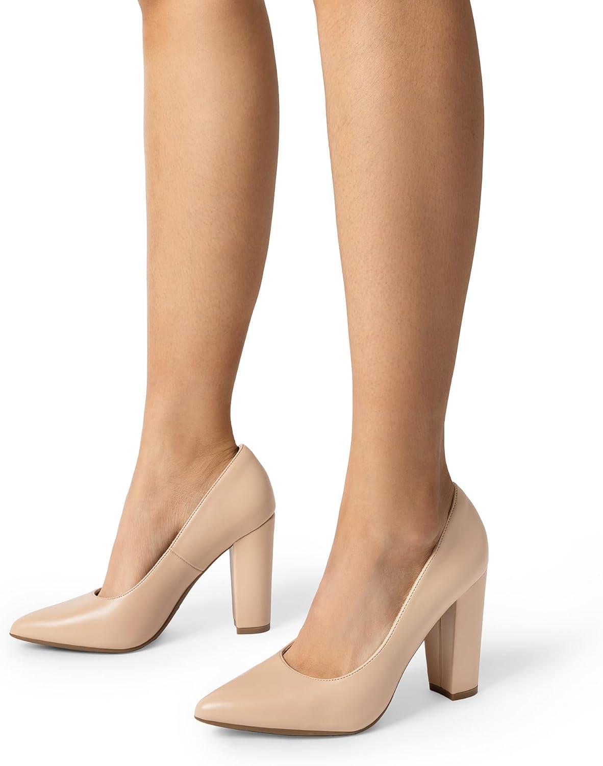 imageDREAM PAIRS Womens High Chunky Block Heels Closed Pointed Toe Slip on Women Pumps Wedding Party Work Comfortable Dress Shoes for WomenNude