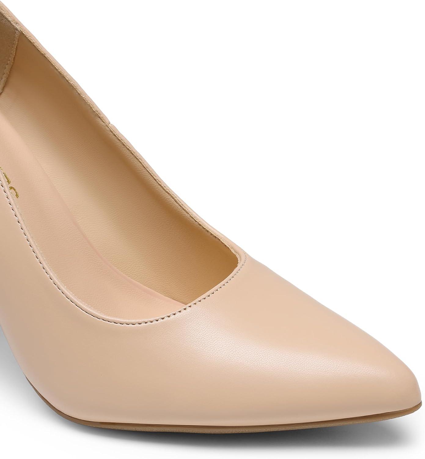 imageDREAM PAIRS Womens High Chunky Block Heels Closed Pointed Toe Slip on Women Pumps Wedding Party Work Comfortable Dress Shoes for WomenNude