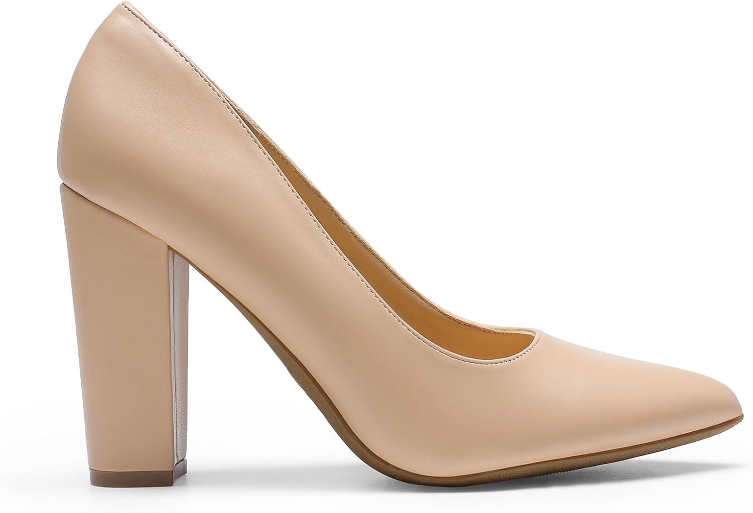 imageDREAM PAIRS Womens High Chunky Block Heels Closed Pointed Toe Slip on Women Pumps Wedding Party Work Comfortable Dress Shoes for WomenNude