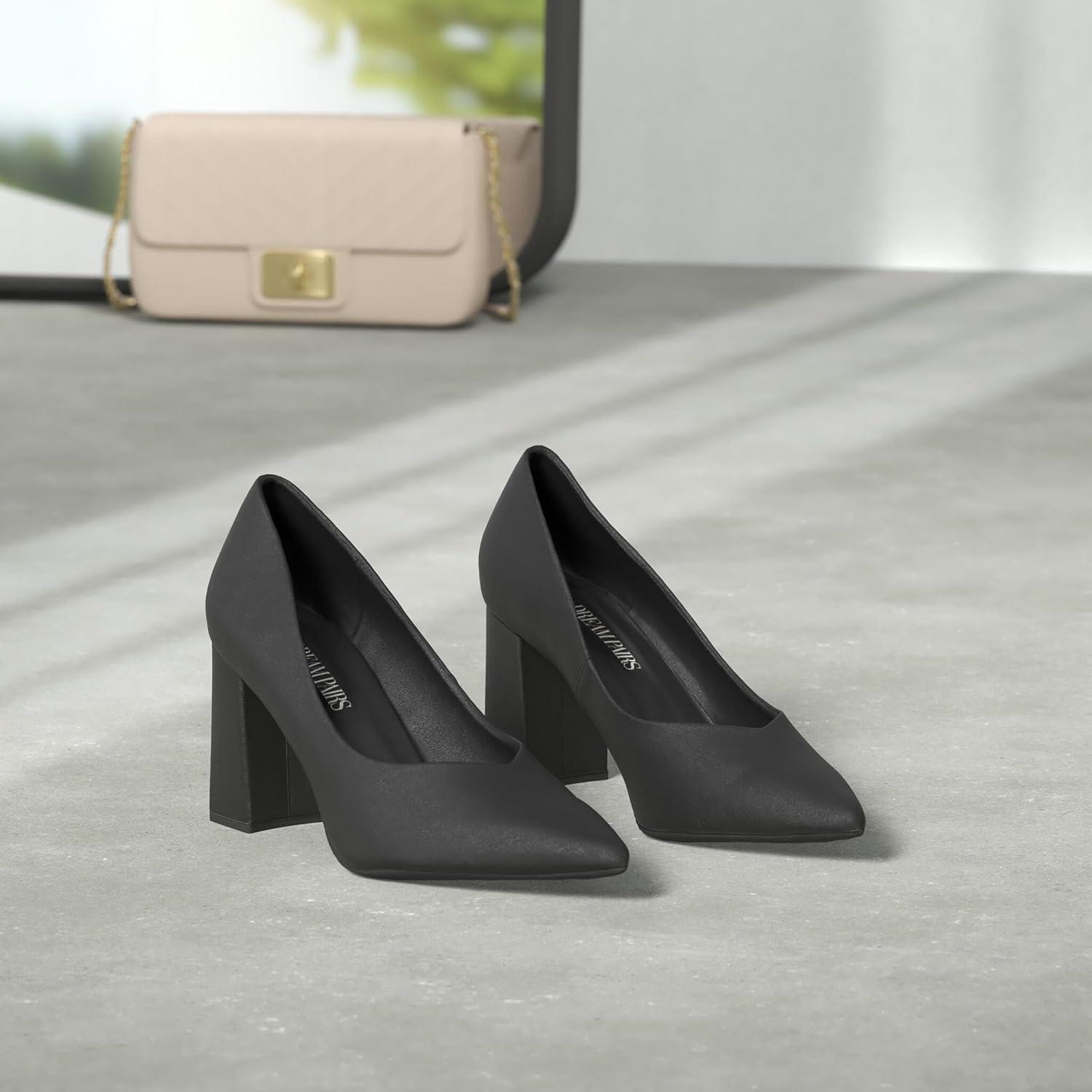 imageDREAM PAIRS Womens High Chunky Closed Toe Block Heels Pointed Toe Wedding Party Elegant Slip On Pumps ShoesBlackPu