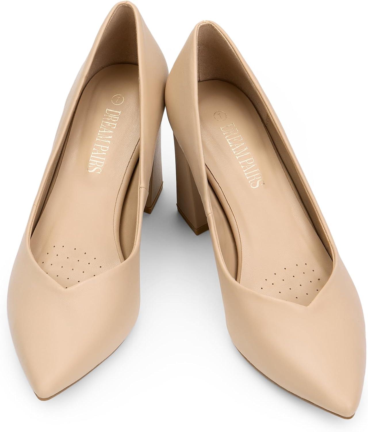 imageDREAM PAIRS Womens High Chunky Closed Toe Block Heels Pointed Toe Wedding Party Elegant Slip On Pumps ShoesNudePu