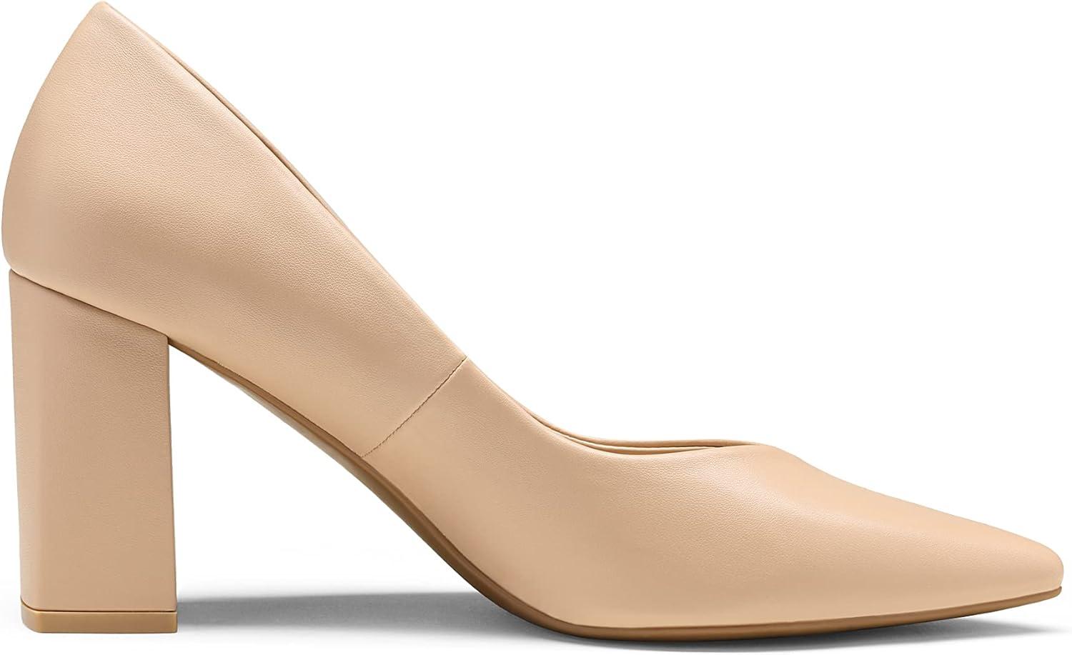 imageDREAM PAIRS Womens High Chunky Closed Toe Block Heels Pointed Toe Wedding Party Elegant Slip On Pumps ShoesNudePu