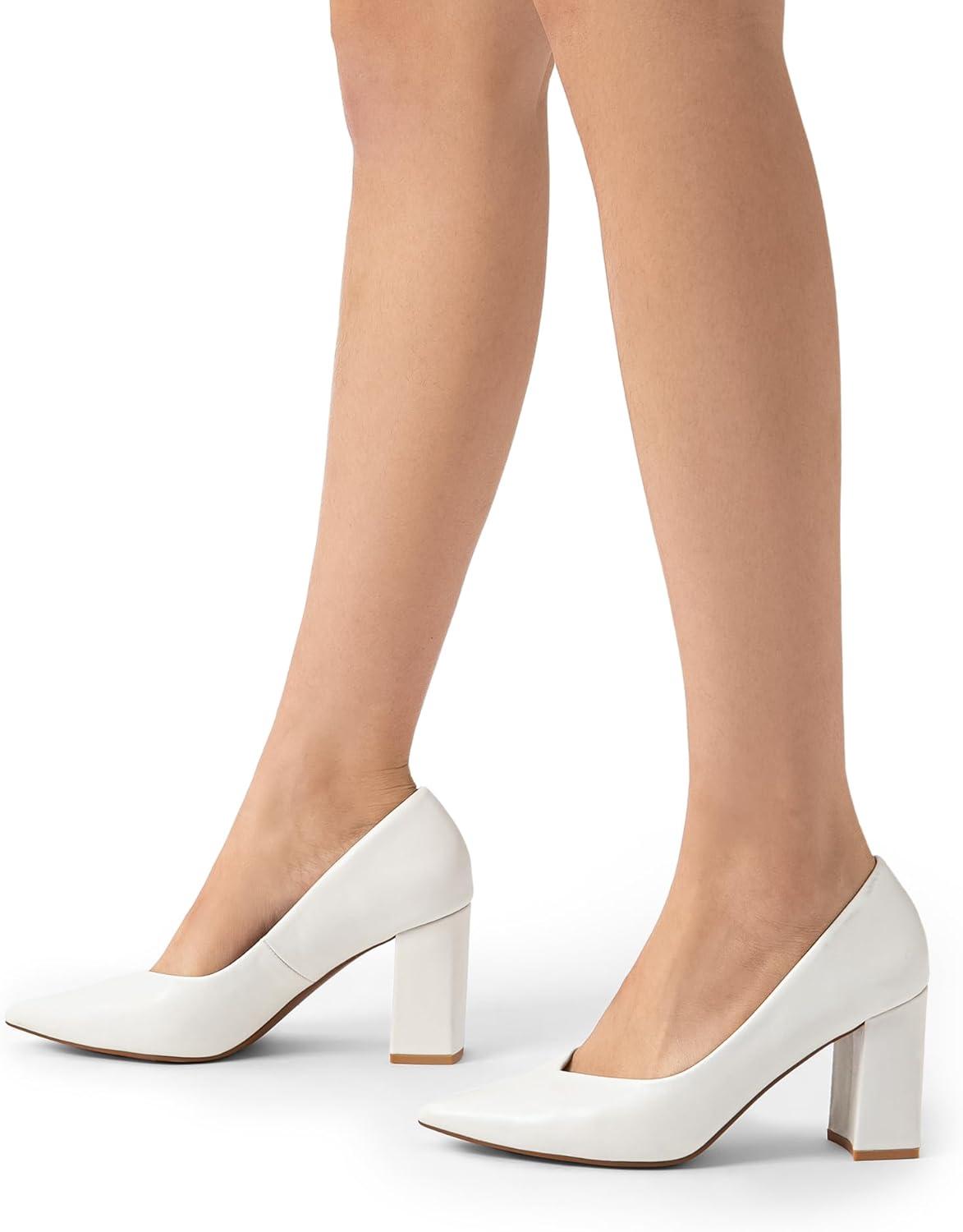 imageDREAM PAIRS Womens High Chunky Closed Toe Block Heels Pointed Toe Wedding Party Elegant Slip On Pumps ShoesWhitePu