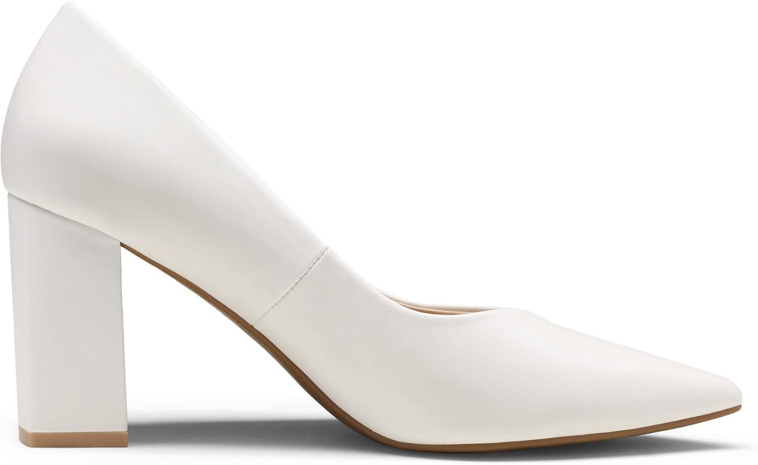 imageDREAM PAIRS Womens High Chunky Closed Toe Block Heels Pointed Toe Wedding Party Elegant Slip On Pumps ShoesWhitePu