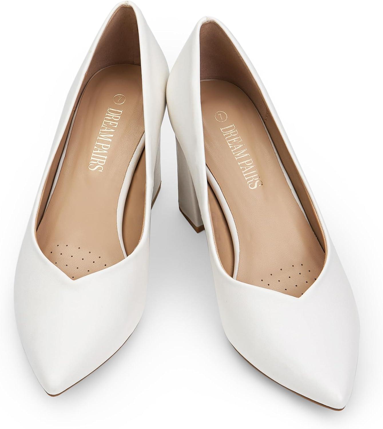 imageDREAM PAIRS Womens High Chunky Closed Toe Block Heels Pointed Toe Wedding Party Elegant Slip On Pumps ShoesWhitePu