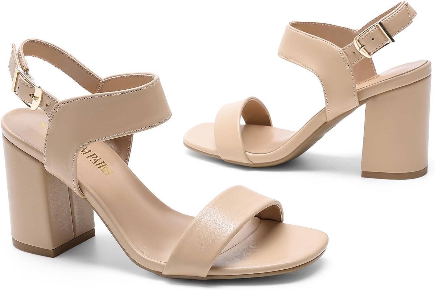 imageDREAM PAIRS Womens High Chunky Heels Square Toe Block Ankle Strap Dress Comfort SandalsNude