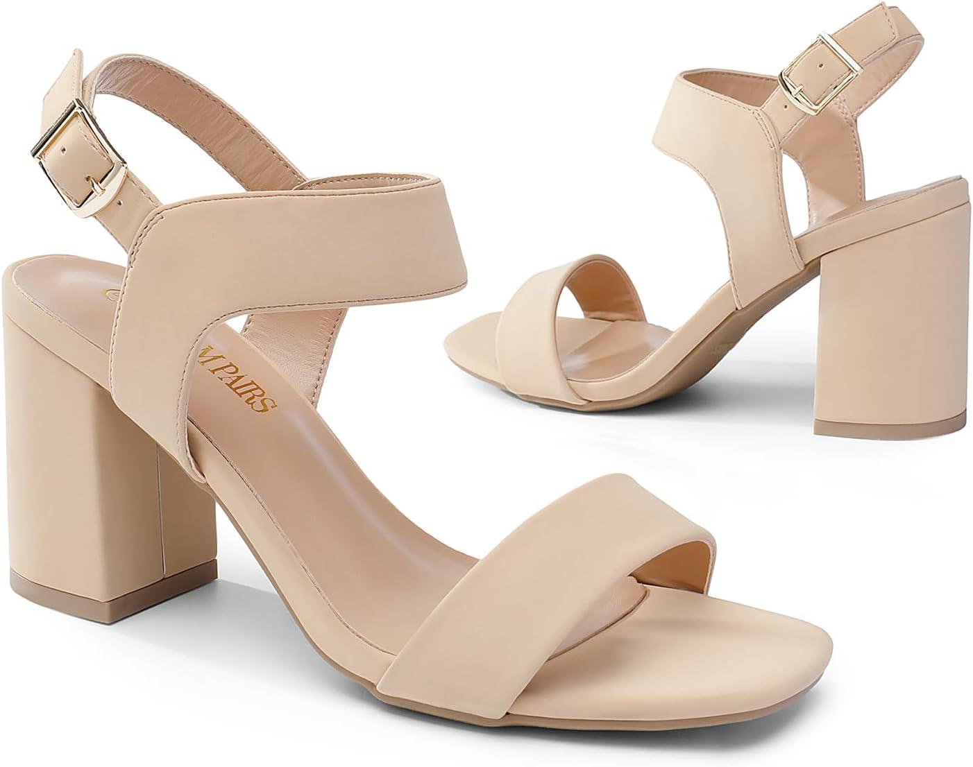 imageDREAM PAIRS Womens High Chunky Heels Square Toe Block Ankle Strap Dress Comfort SandalsNudenubuck