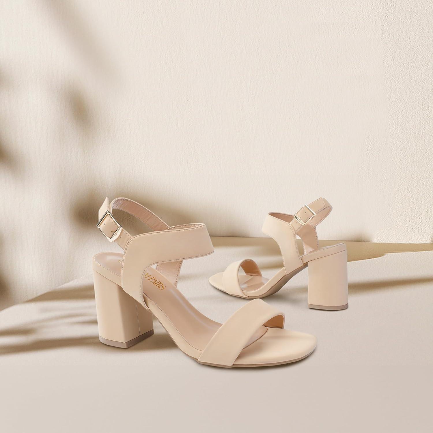 imageDREAM PAIRS Womens High Chunky Heels Square Toe Block Ankle Strap Dress Comfort SandalsNudenubuck