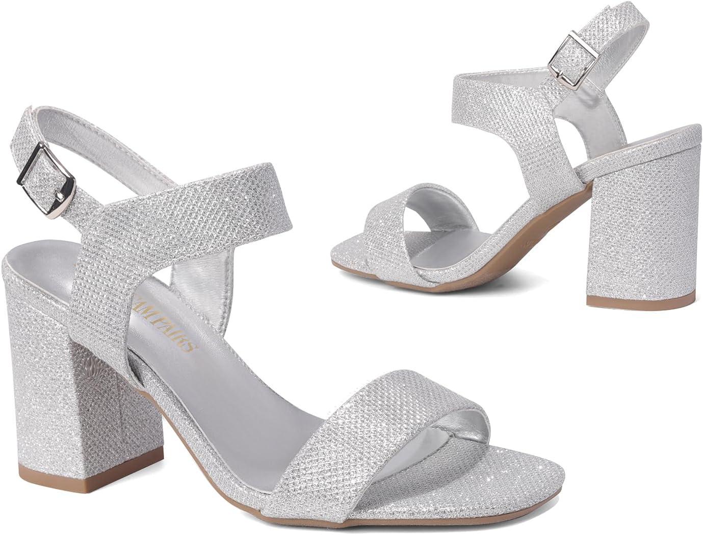 imageDREAM PAIRS Womens High Chunky Heels Square Toe Block Ankle Strap Dress Comfort SandalsSilverglitter