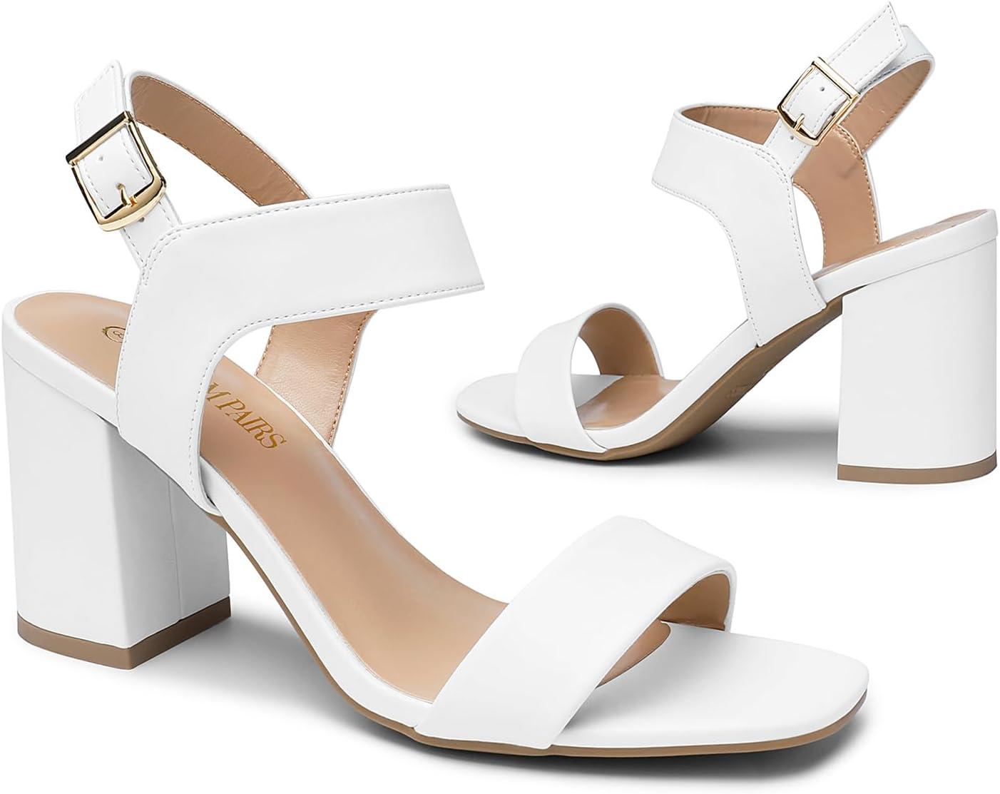 imageDREAM PAIRS Womens High Chunky Heels Square Toe Block Ankle Strap Dress Comfort SandalsWhite