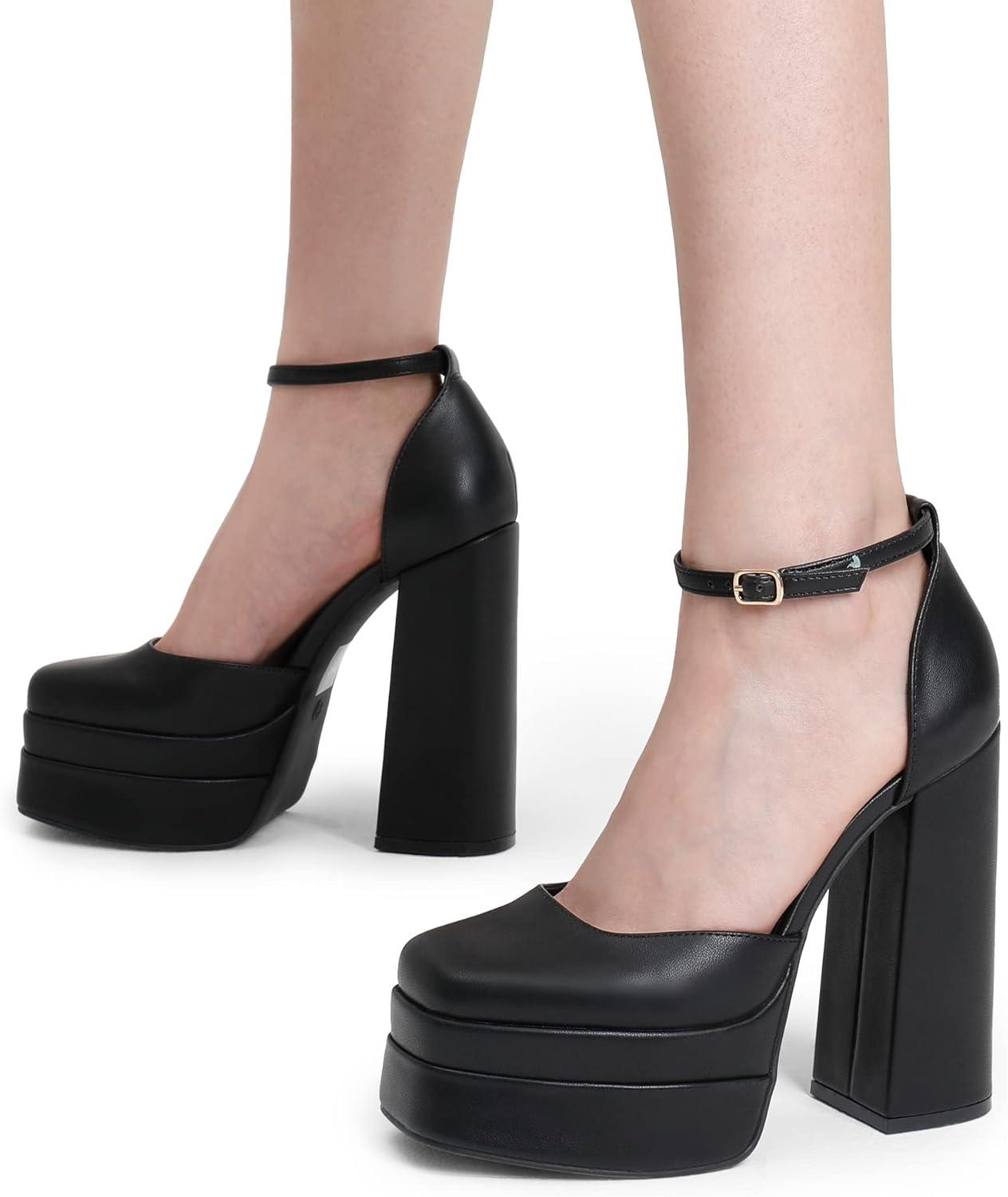 imageDREAM PAIRS Womens High Chunky Platform Closed Toe Block Heels Square Toe Ankle Strap Dress Wedding Party Pumps Shoes AureliaBlack