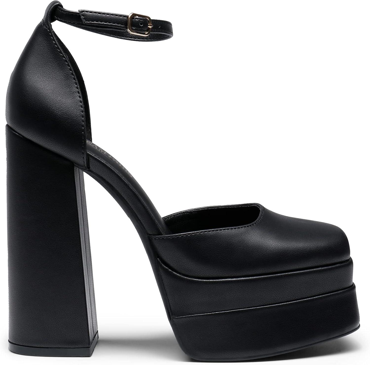 imageDREAM PAIRS Womens High Chunky Platform Closed Toe Block Heels Square Toe Ankle Strap Dress Wedding Party Pumps Shoes AureliaBlack