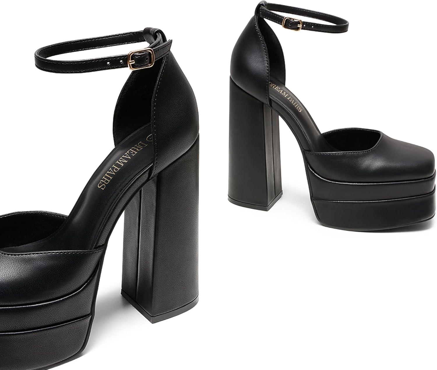 imageDREAM PAIRS Womens High Chunky Platform Closed Toe Block Heels Square Toe Ankle Strap Dress Wedding Party Pumps Shoes AureliaBlack