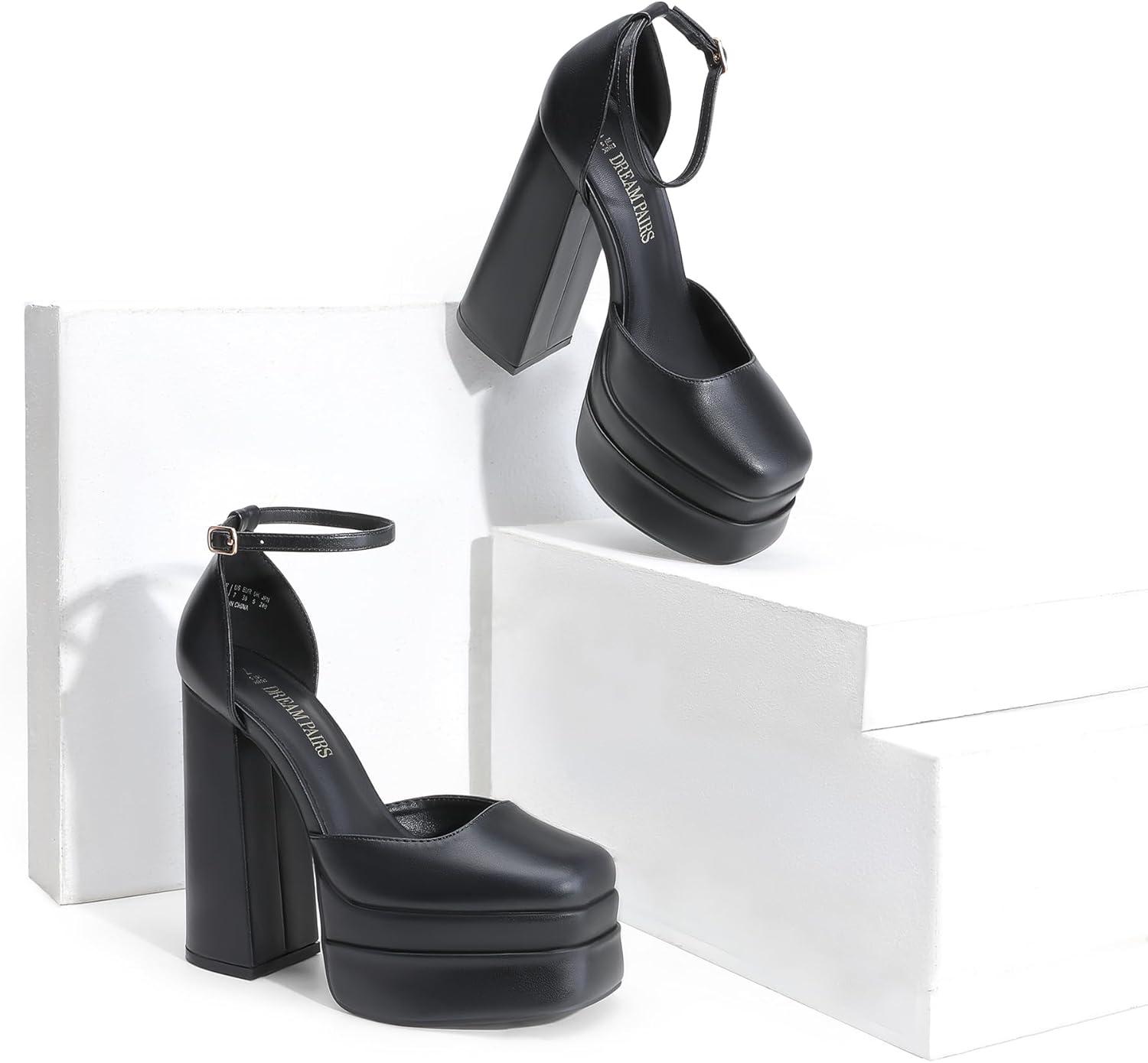 imageDREAM PAIRS Womens High Chunky Platform Closed Toe Block Heels Square Toe Ankle Strap Dress Wedding Party Pumps Shoes AureliaBlack