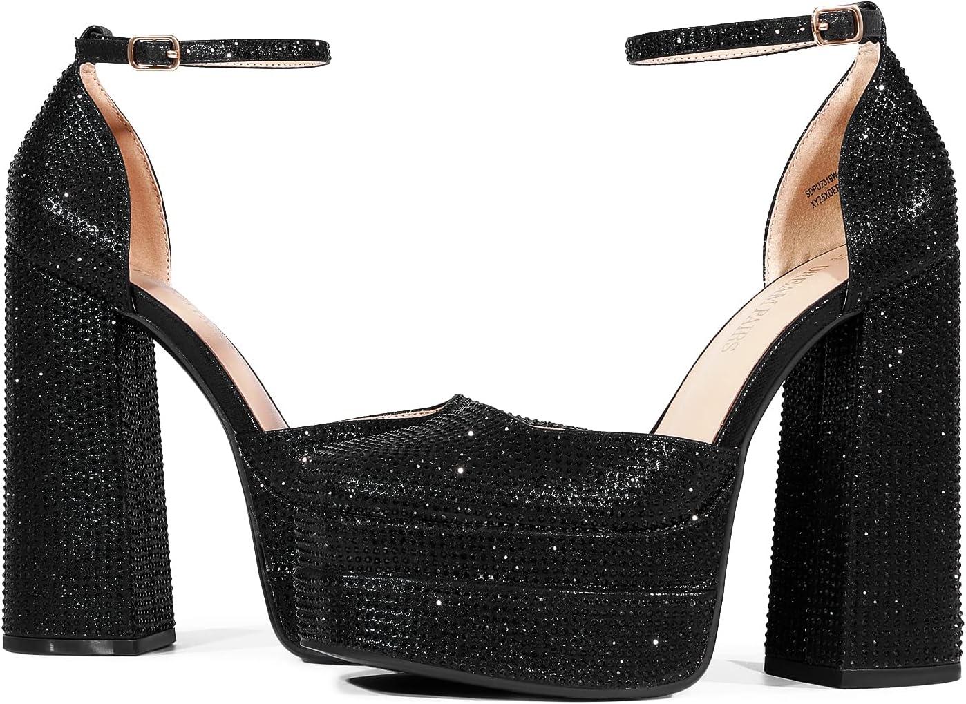 imageDREAM PAIRS Womens High Chunky Platform Closed Toe Block Heels Square Toe Ankle Strap Dress Wedding Party Pumps Shoes AureliaBlackrhinestone