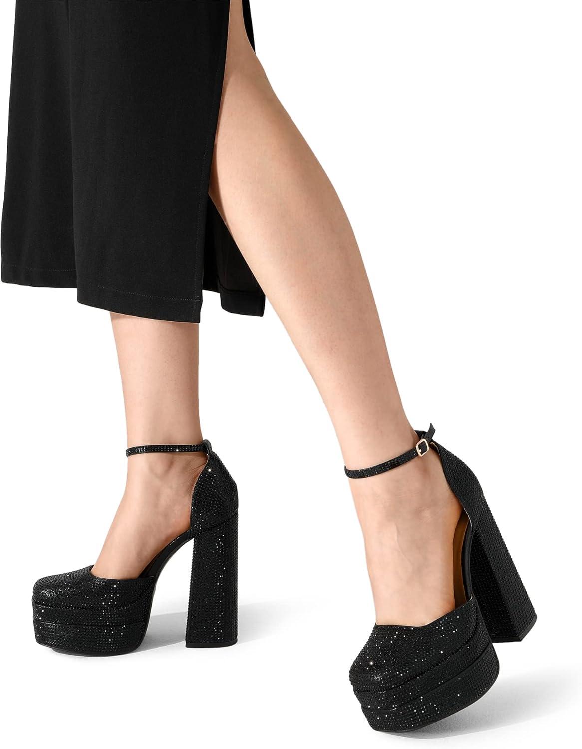 imageDREAM PAIRS Womens High Chunky Platform Closed Toe Block Heels Square Toe Ankle Strap Dress Wedding Party Pumps Shoes AureliaBlackrhinestone