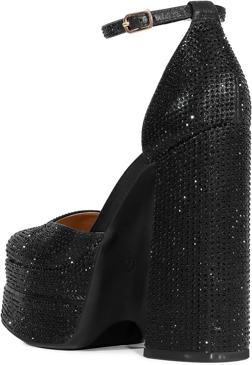 imageDREAM PAIRS Womens High Chunky Platform Closed Toe Block Heels Square Toe Ankle Strap Dress Wedding Party Pumps Shoes AureliaBlackrhinestone