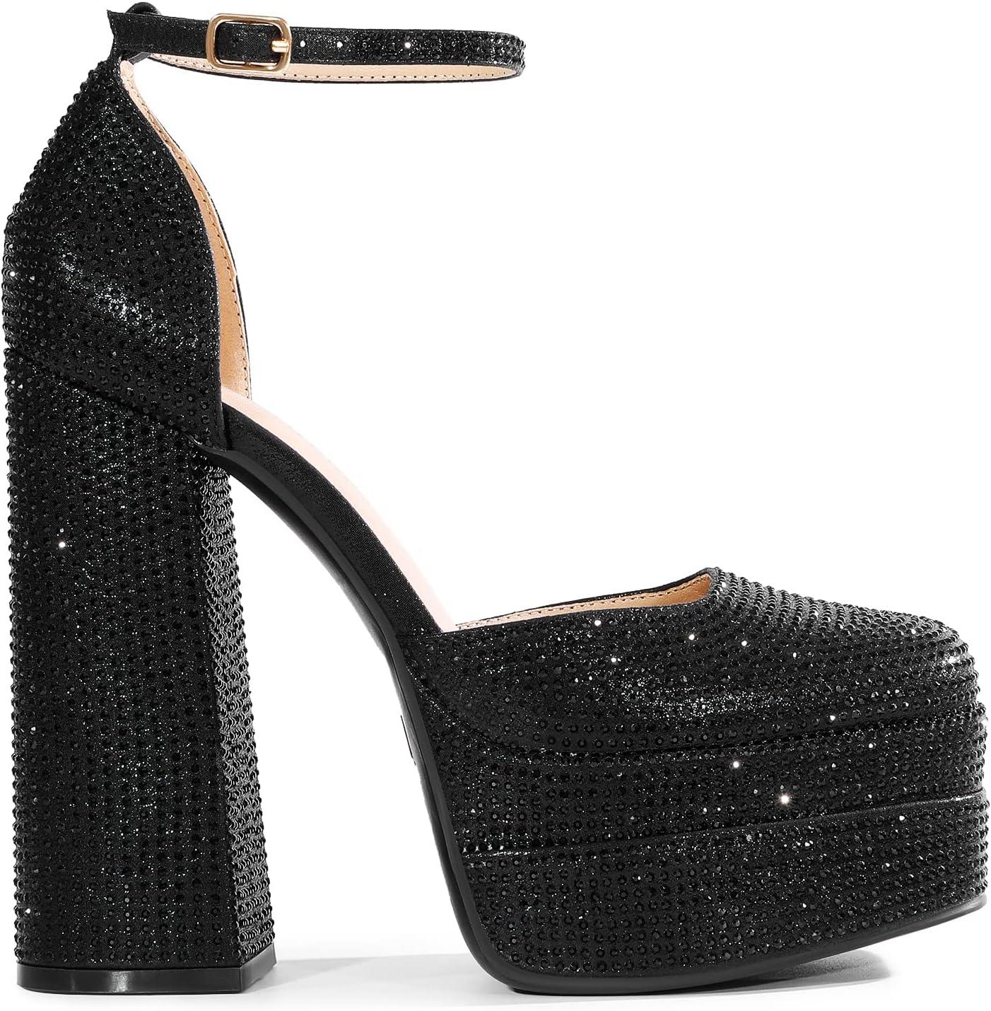 imageDREAM PAIRS Womens High Chunky Platform Closed Toe Block Heels Square Toe Ankle Strap Dress Wedding Party Pumps Shoes AureliaBlackrhinestone