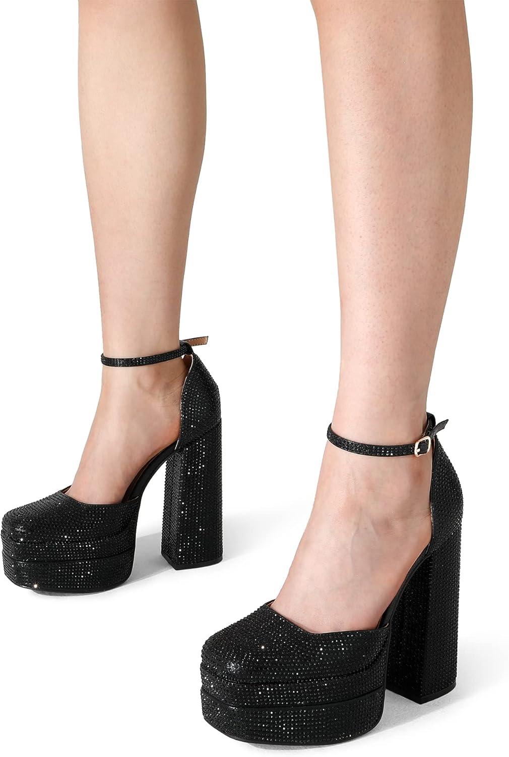 imageDREAM PAIRS Womens High Chunky Platform Closed Toe Block Heels Square Toe Ankle Strap Dress Wedding Party Pumps Shoes AureliaBlackrhinestone