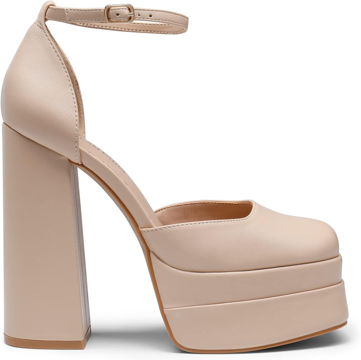 imageDREAM PAIRS Womens High Chunky Platform Closed Toe Block Heels Square Toe Ankle Strap Dress Wedding Party Pumps Shoes AureliaNude